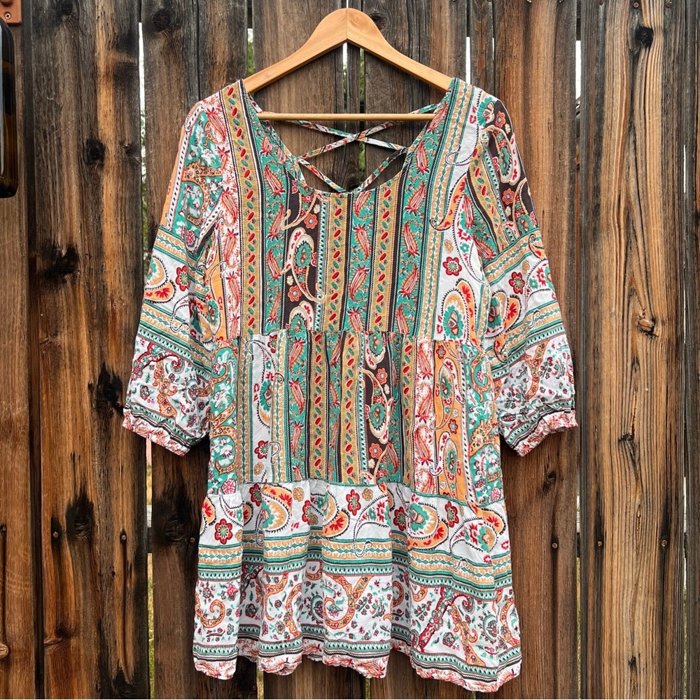Umgee USA Multicolored Bohemian Paisley 3/4 Sleeve Tiered Tunic Top, Women’s L